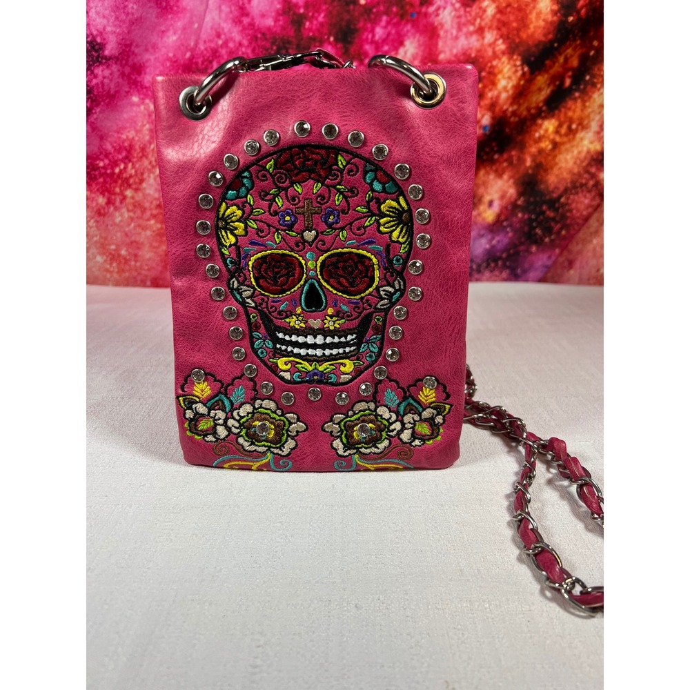 P&G Pink Sugar Skull Embroidered Rhinestone Crossbody Phone Bag Mini Purse